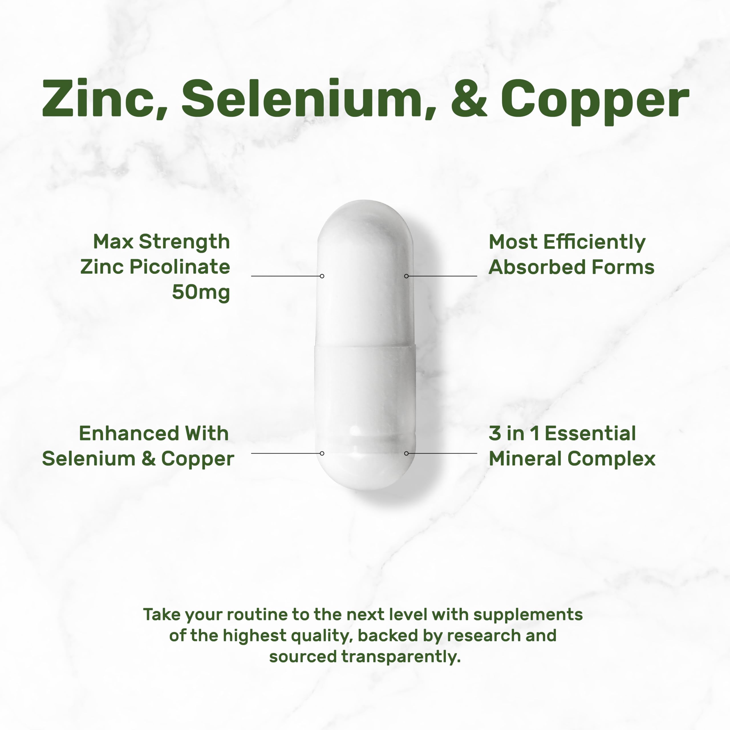 Mano sosteniendo una cápsula frente a vaso de agua con Zinc Picolinate, conveniencia para rutina diaria