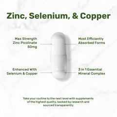 Mano sosteniendo una cápsula frente a vaso de agua con Zinc Picolinate, conveniencia para rutina diaria