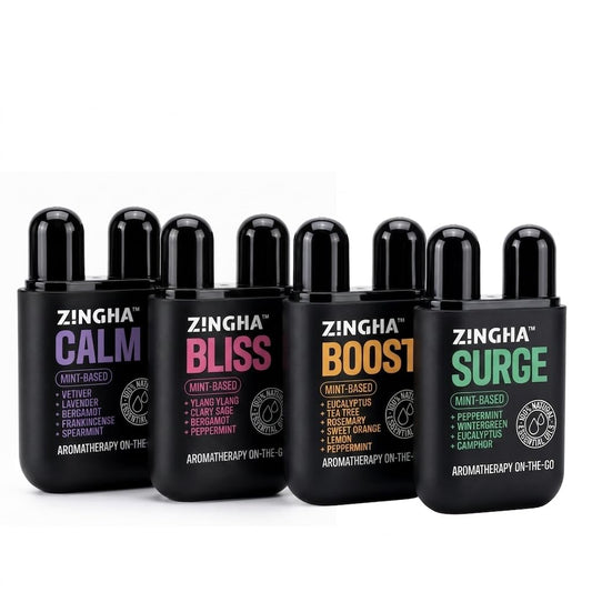 Z!NGHA vista frontal del inhalador mostrando diseño portátil y beneficios