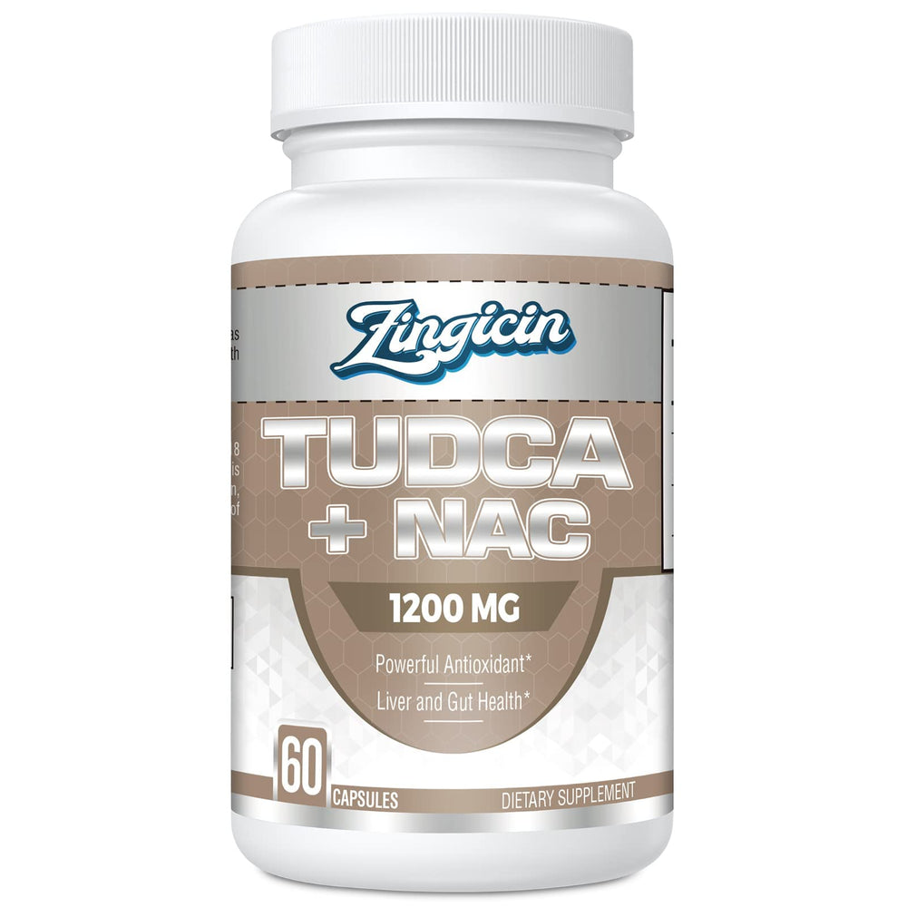 Zingicin TUDCA con NAC en bote; cápsulas de 1200 mg para apoyo hepático.