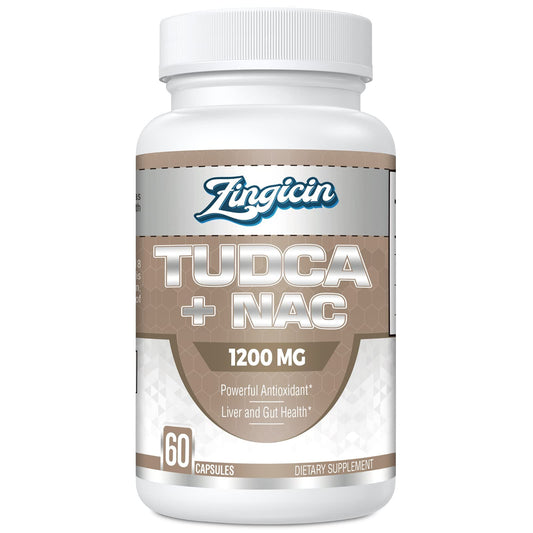 Zingicin TUDCA con NAC en bote; cápsulas de 1200 mg para apoyo hepático.
