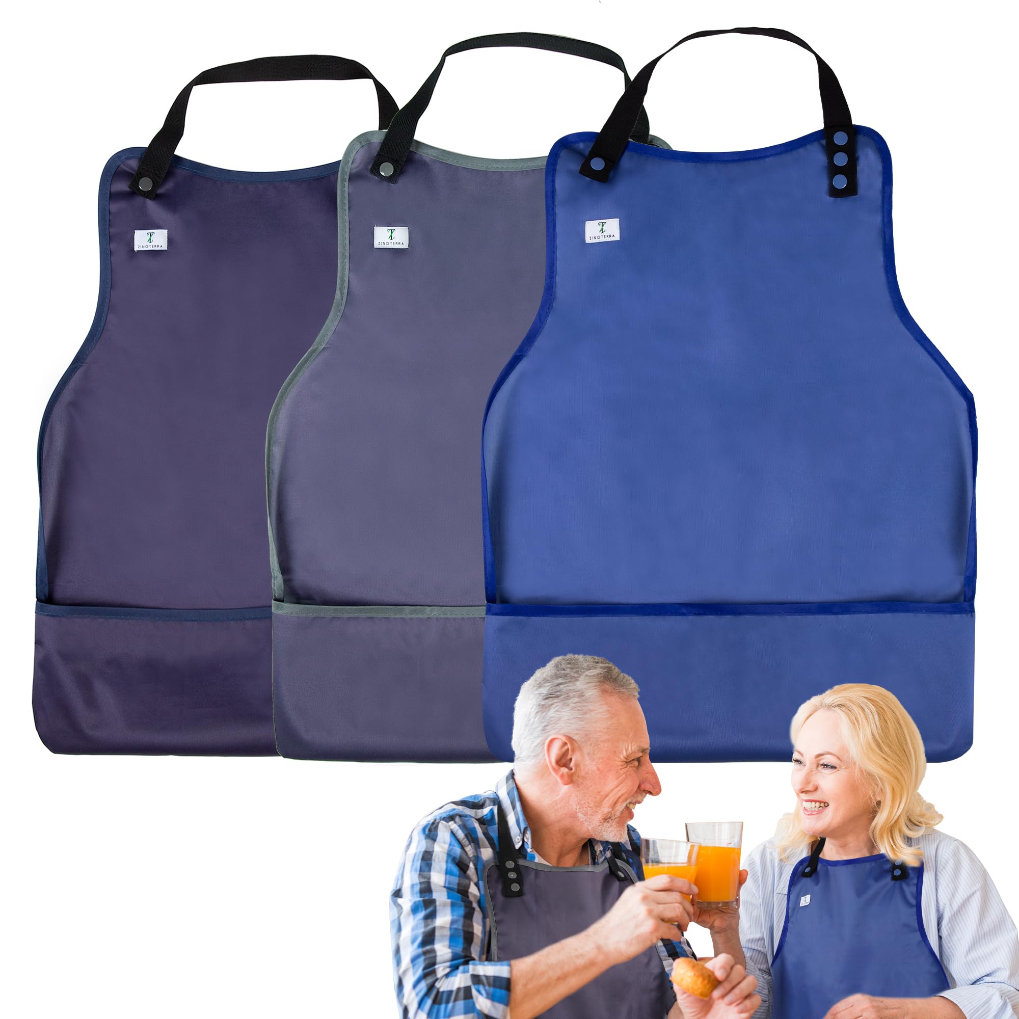 ZINGTERRA babero adulto pack frontal mostrando cobertura amplia y protección
