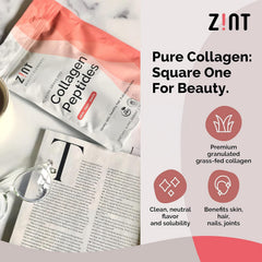 Detalle de etiqueta Zint colágeno mostrando ingredientes y pruebas de pureza