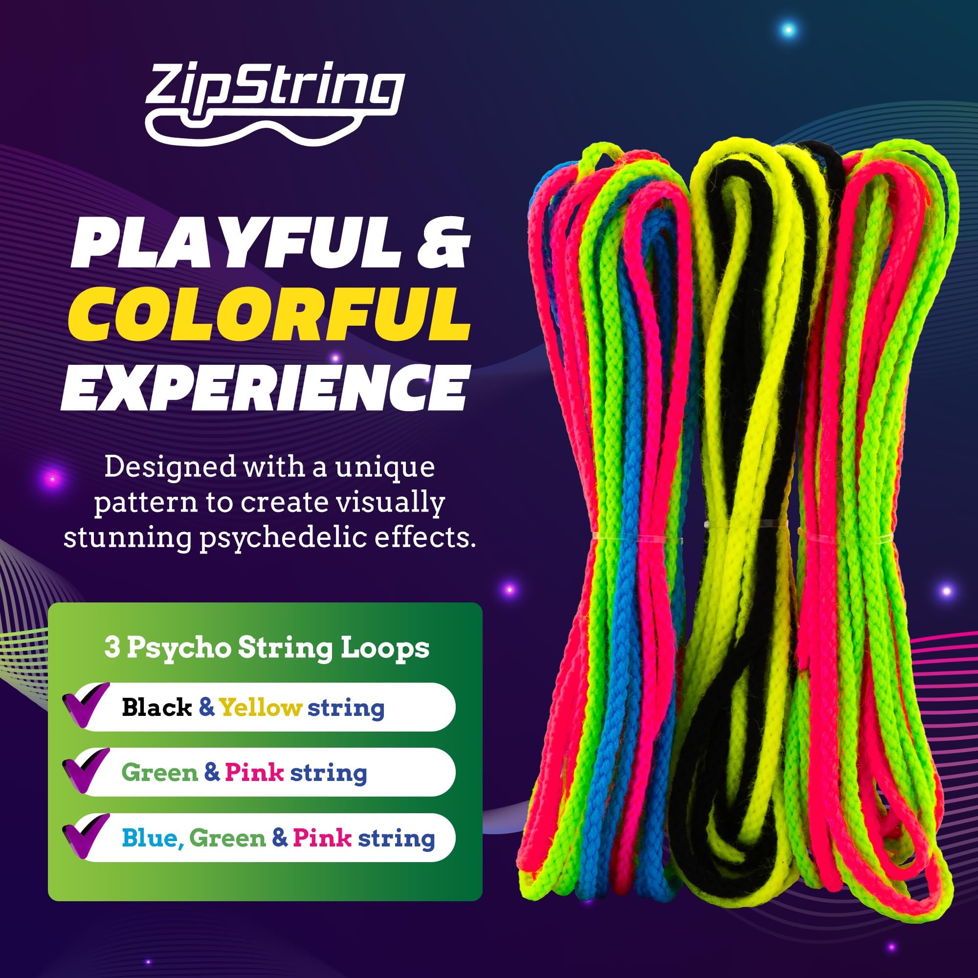 ZipString Psycho Strings en uso nocturno con efecto relámpago visible y divertido
