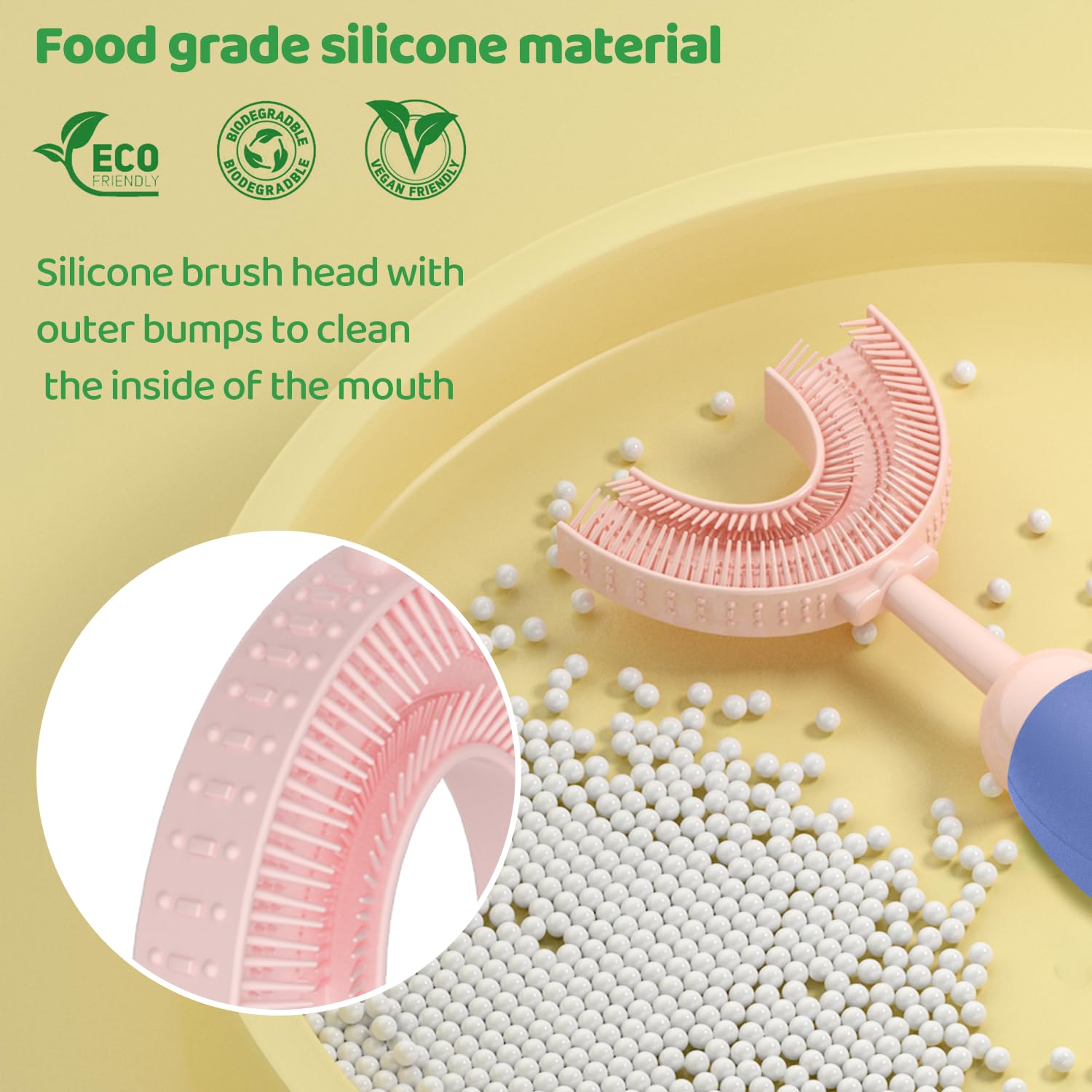 ZMRZ primer plano de la cabeza en U de silicona suave mostrando cobertura 360°