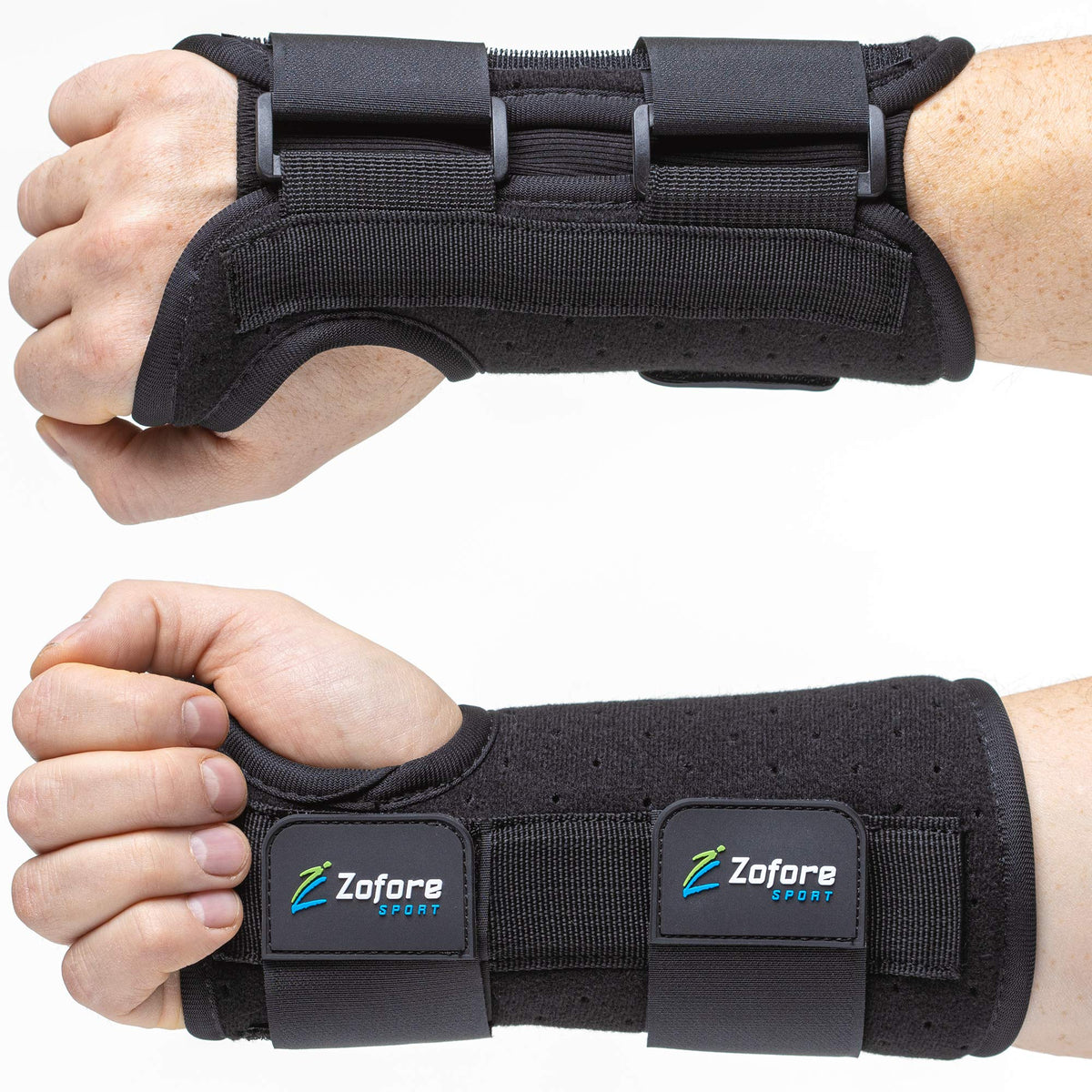 ZOFORE SPORT frontal del soporte de muñeca mostrando ajuste y soporte estabilizador