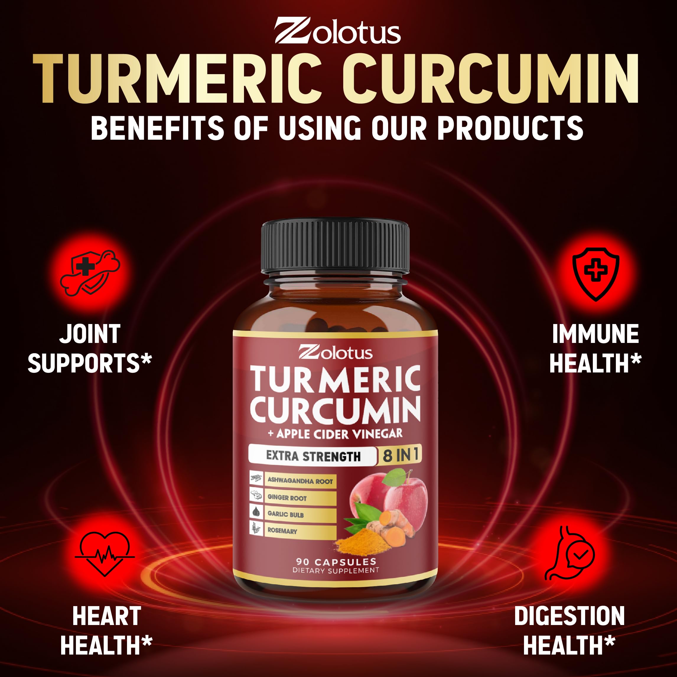 cerca de etiqueta Zolotus resaltando curcuminoides 95% y certificación cGMP