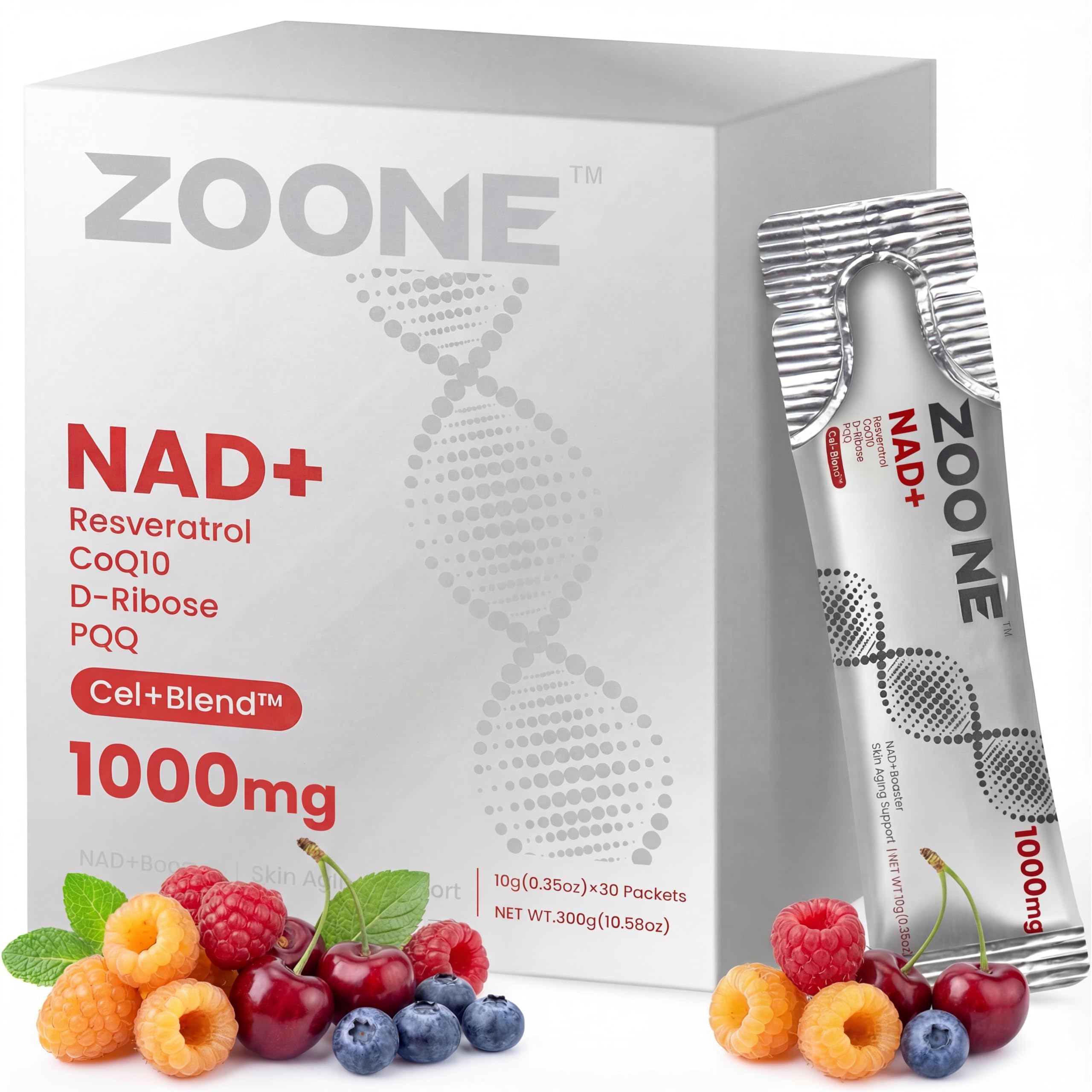 Zoone frente del empaque mostrando 30 sobres y conveniencia diaria