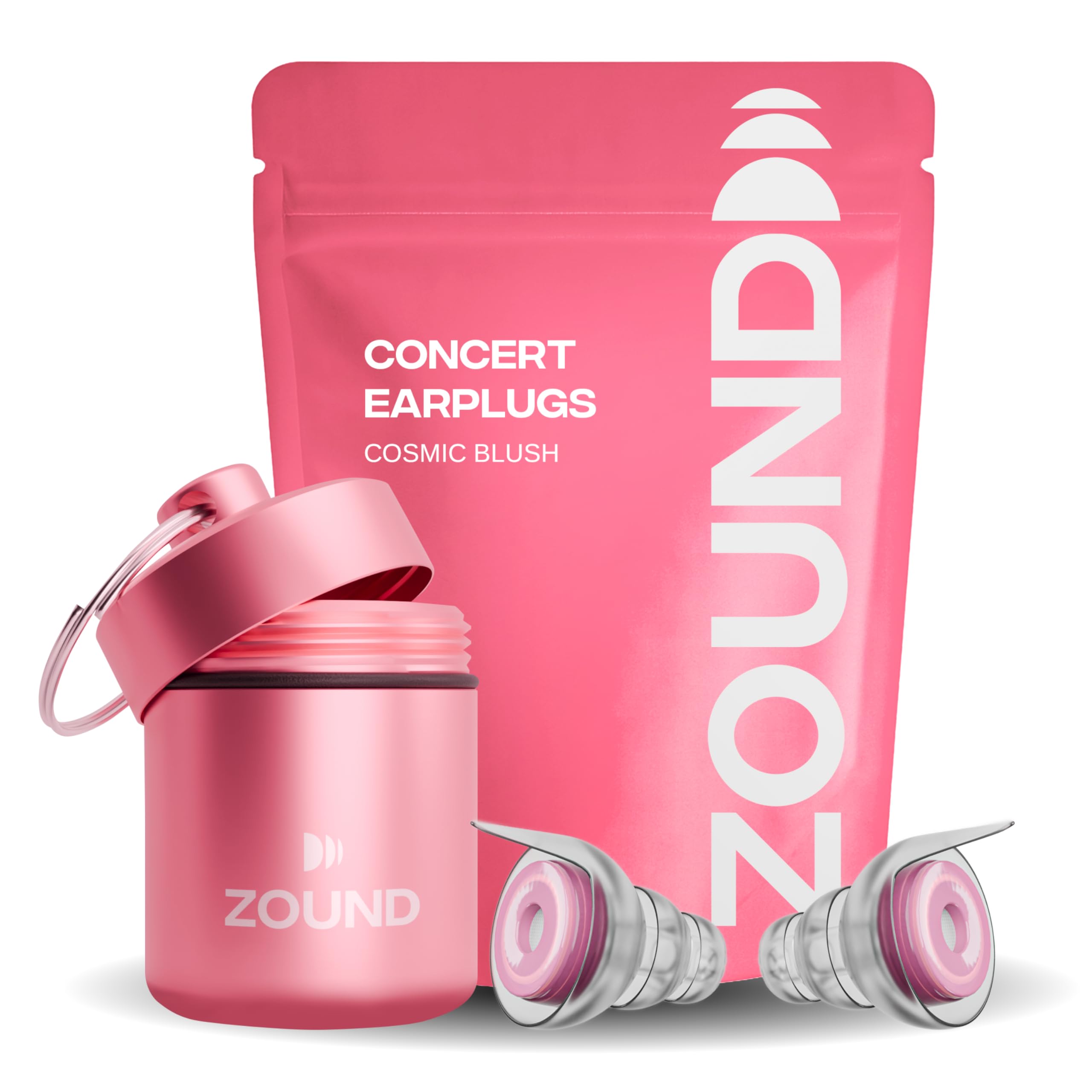 Zound empaque frontal en Cosmic Blush, protege oídos en eventos