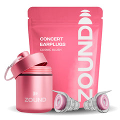 Zound empaque frontal en Cosmic Blush, protege oídos en eventos
