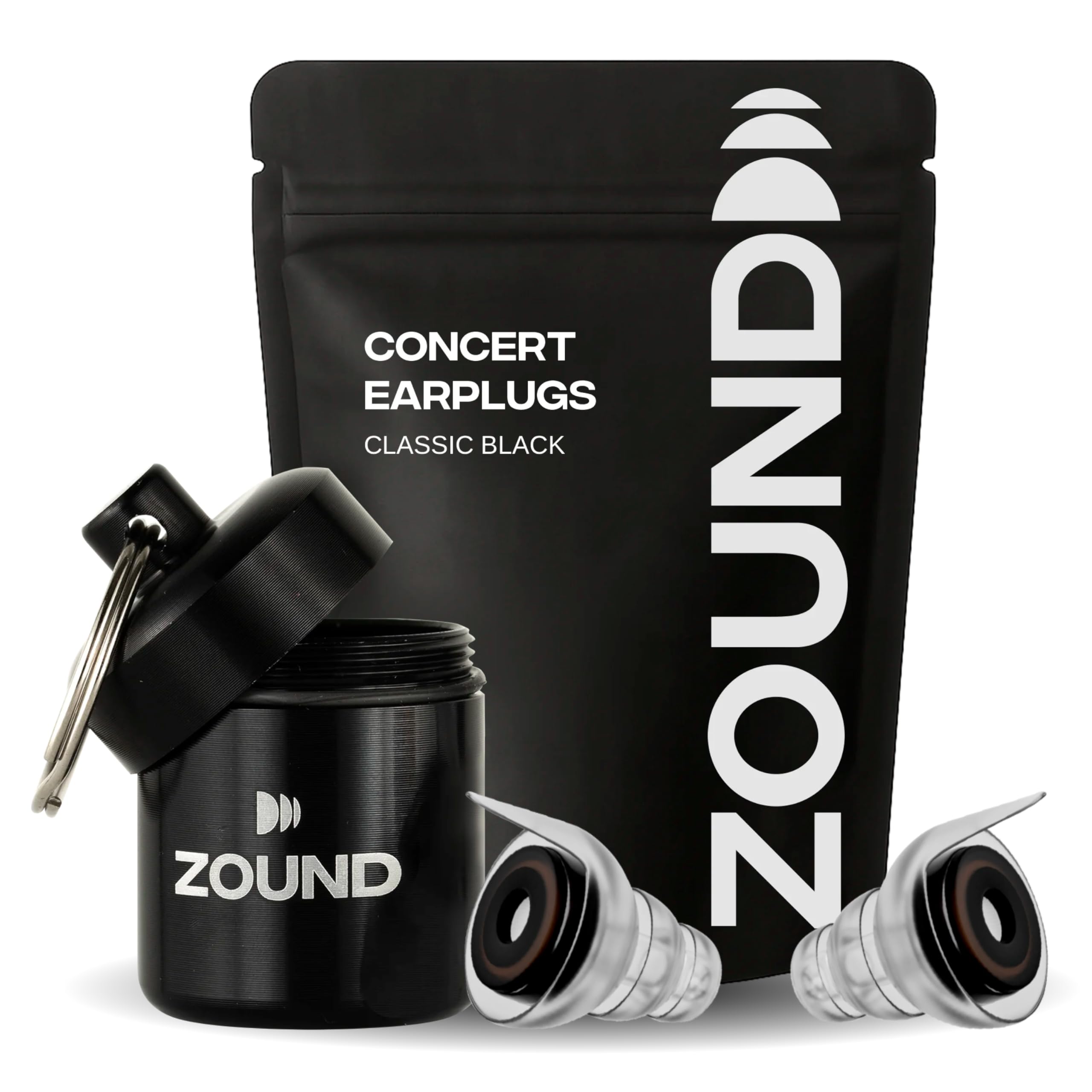 Zound paquete frontal mostrando tapones y estuche, protección fácil