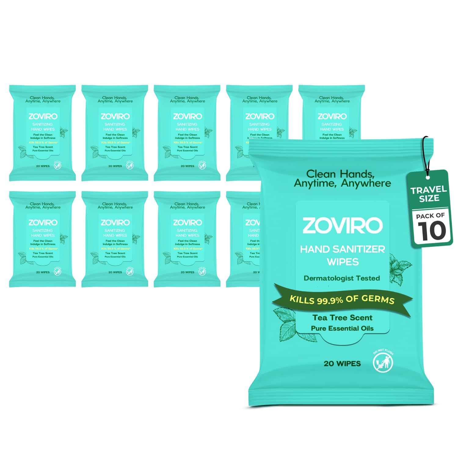 Zoviro packaging frontal mostrando 20 toallitas y ventaja de portabilidad