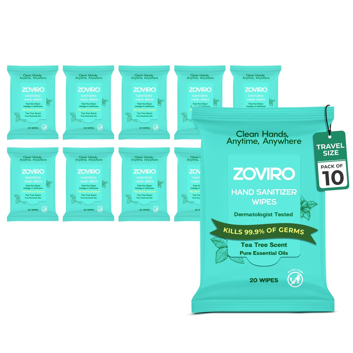 Zoviro packaging frontal mostrando 20 toallitas y ventaja de portabilidad