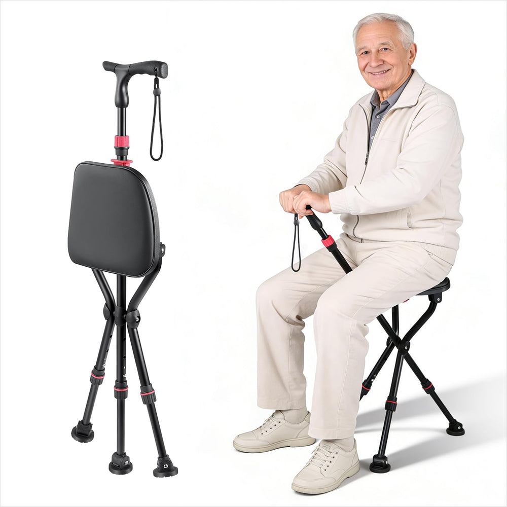 ZRFCXE bastón con asiento frontal mostrando diseño y portabilidad, facilita descansos rápidos