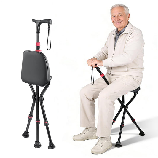 ZRFCXE bastón con asiento frontal mostrando diseño y portabilidad, facilita descansos rápidos