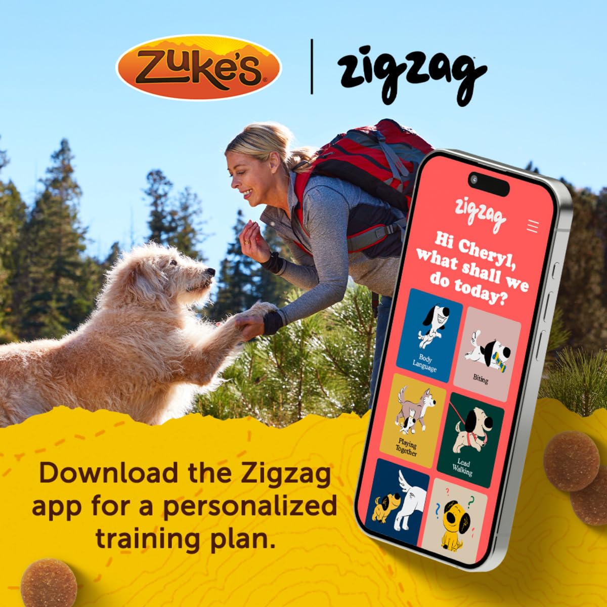 Zuke's en estilo de vida excursionista con perro, recompensa práctica