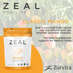 Cucharada de Zeal mango listando servicio y cantidad por porción