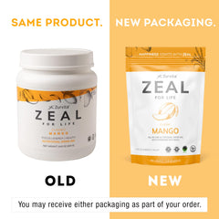 Vaso con Zeal mango preparado por Zurvita para energía sostenida
