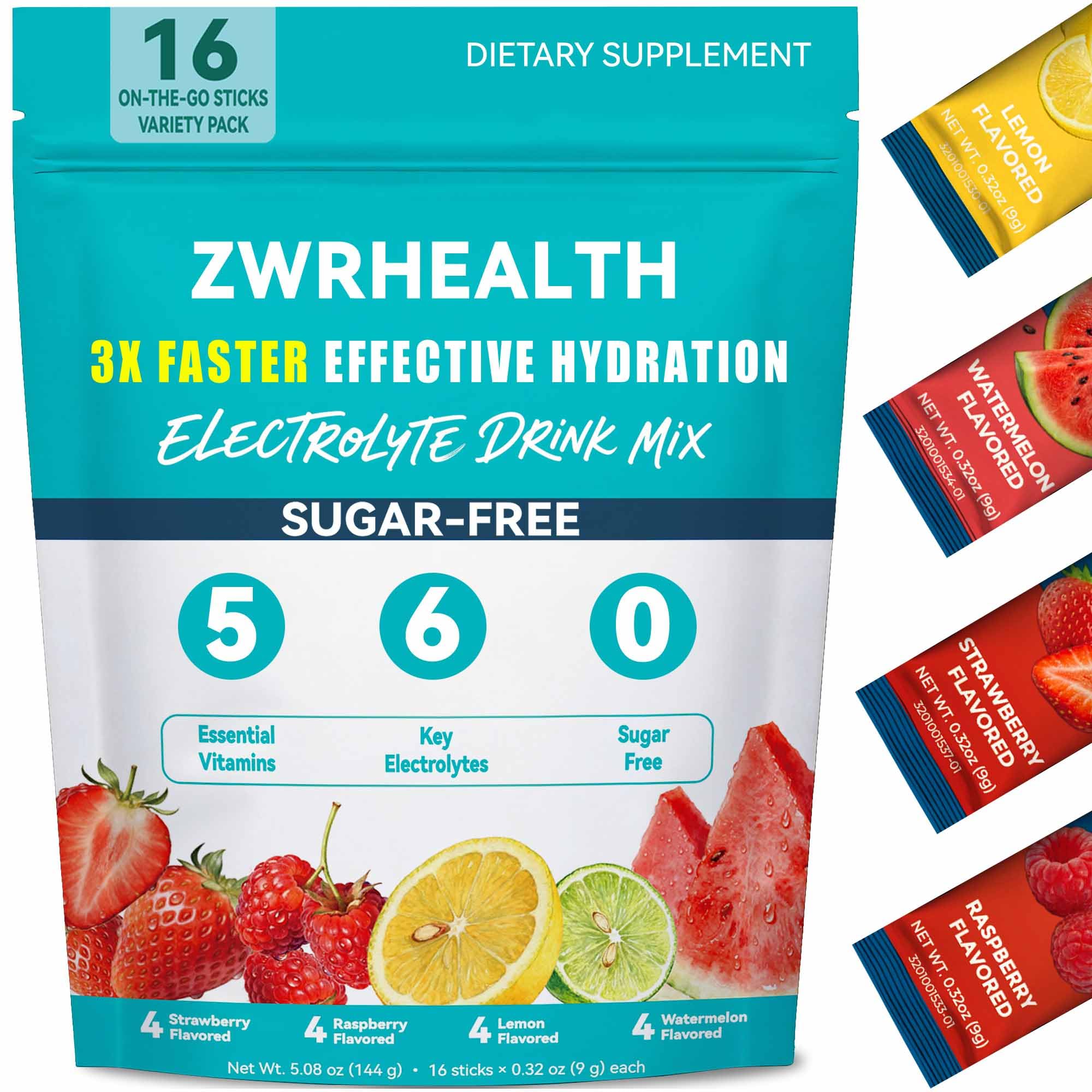 Zwrhealth paquete frontal mostrando 16 sobres y sabores para hidratación rápida