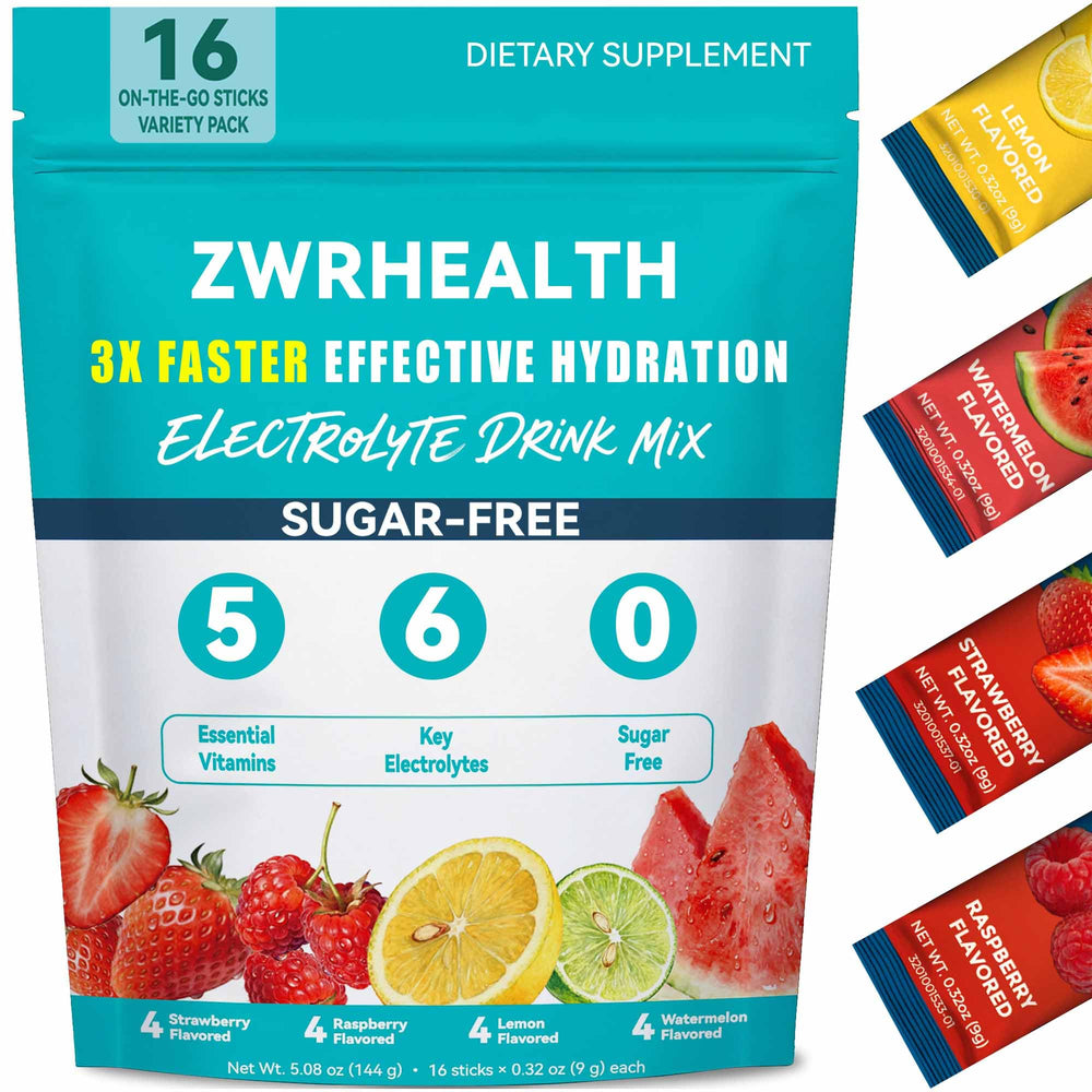 Zwrhealth paquete frontal mostrando 16 sobres y sabores para hidratación rápida