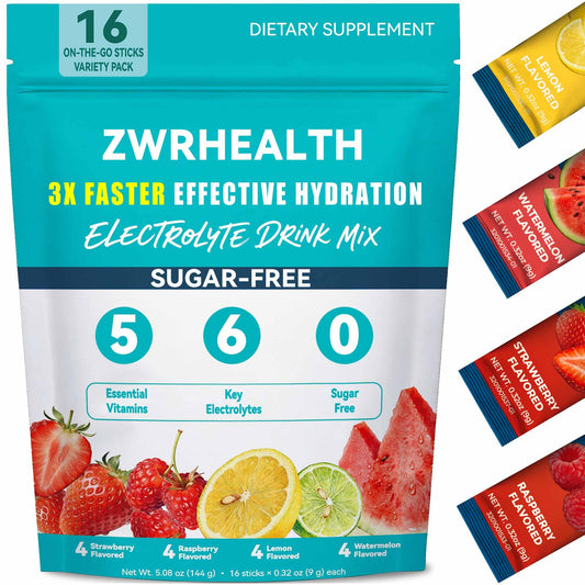 Zwrhealth paquete frontal mostrando 16 sobres y sabores para hidratación rápida