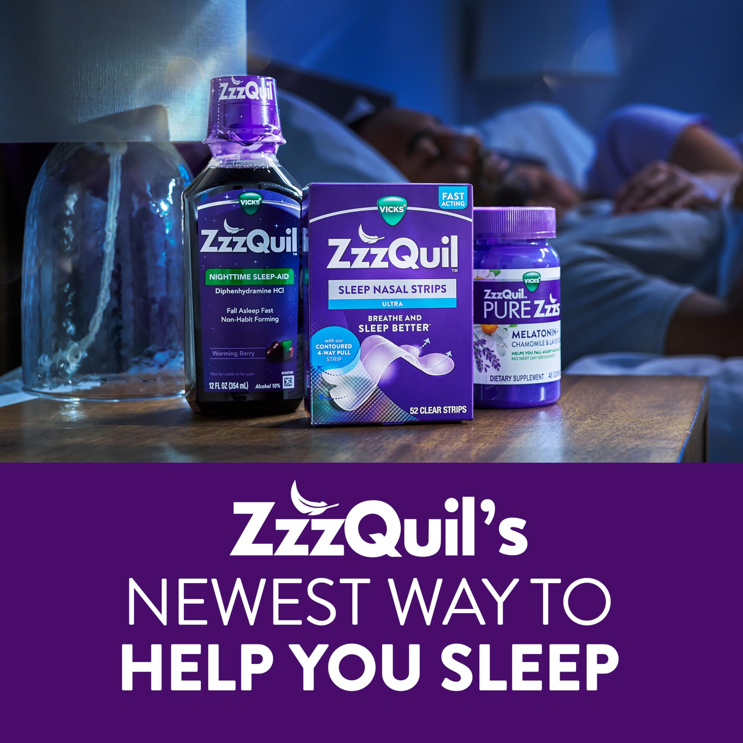ZzzQuil producto en una escena de dormitorio ilustrando descanso mejorado