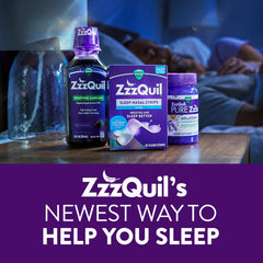 ZzzQuil producto en una escena de dormitorio ilustrando descanso mejorado