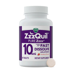 ZzzQuil frasco frente con 90 tabletas, comodidad de uso