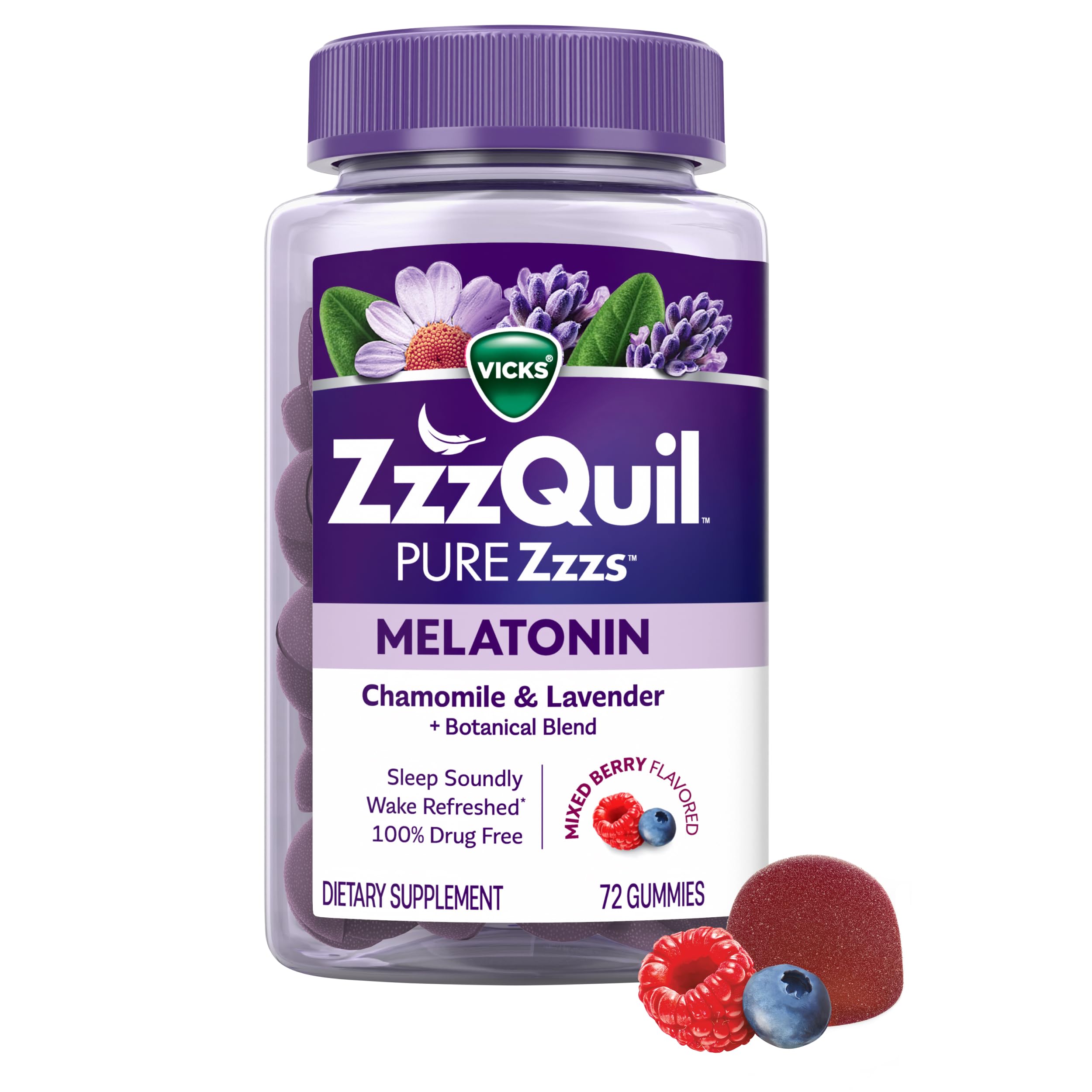 ZzzQuil frasco frontal mostrando 72 gomitas y etiqueta clara
