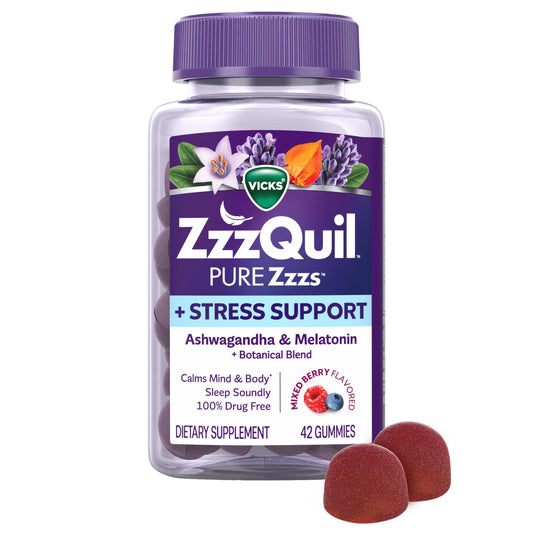 ZzzQuil envase frontal mostrando 42 gominolas y beneficios para dormir
