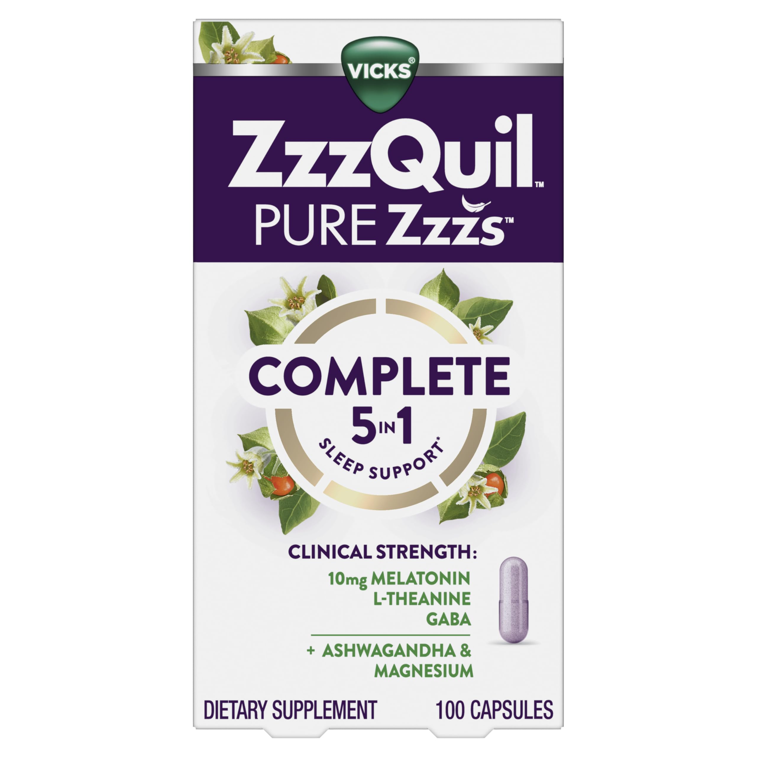 ZzzQuil frontal del envase mostrando 100 cápsulas y beneficio de inicio rápido