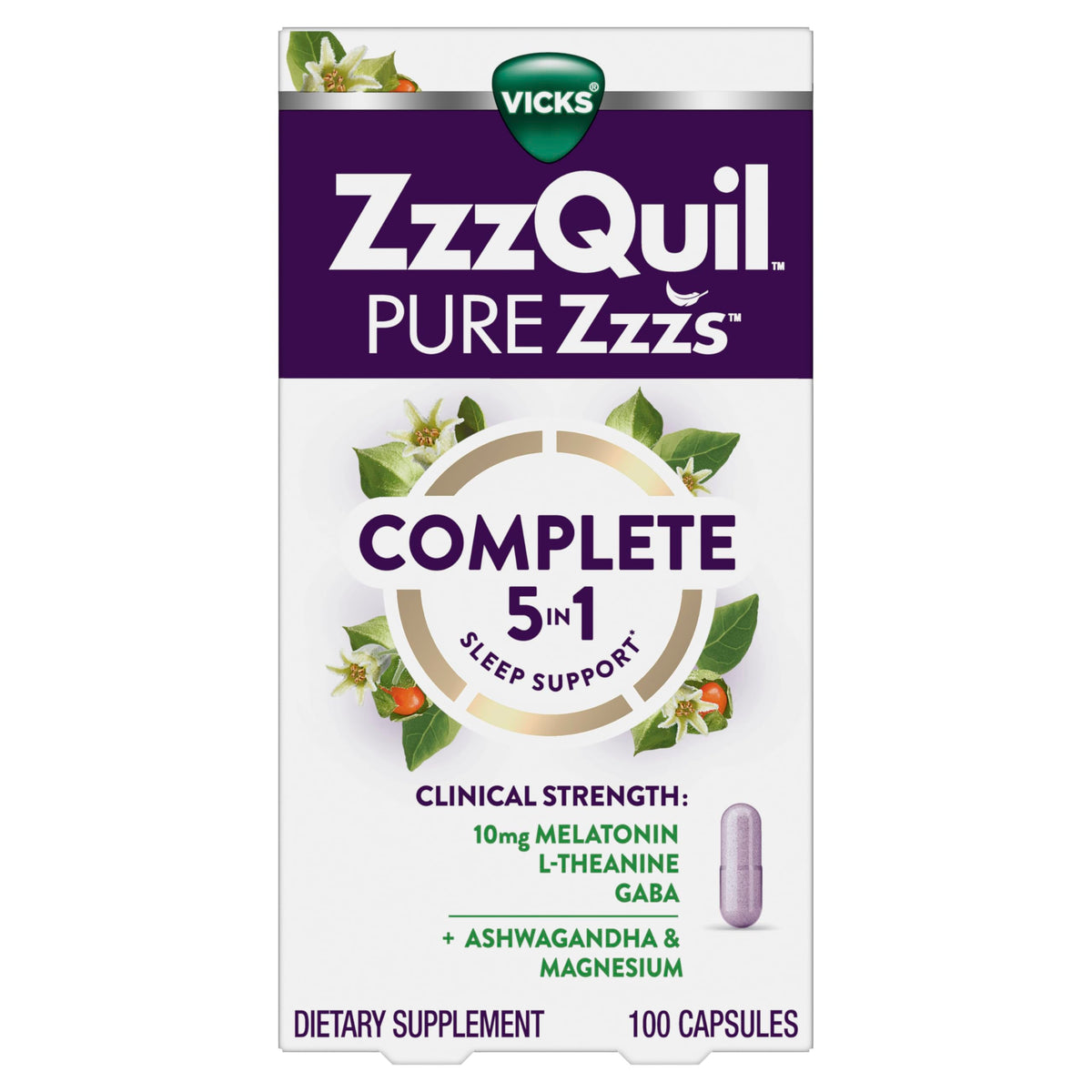 ZzzQuil frontal del envase mostrando 100 cápsulas y beneficio de inicio rápido