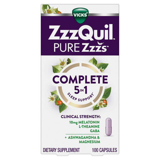 ZzzQuil frontal del envase mostrando 100 cápsulas y beneficio de inicio rápido