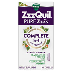 ZzzQuil frontal del envase mostrando 100 cápsulas y beneficio de inicio rápido