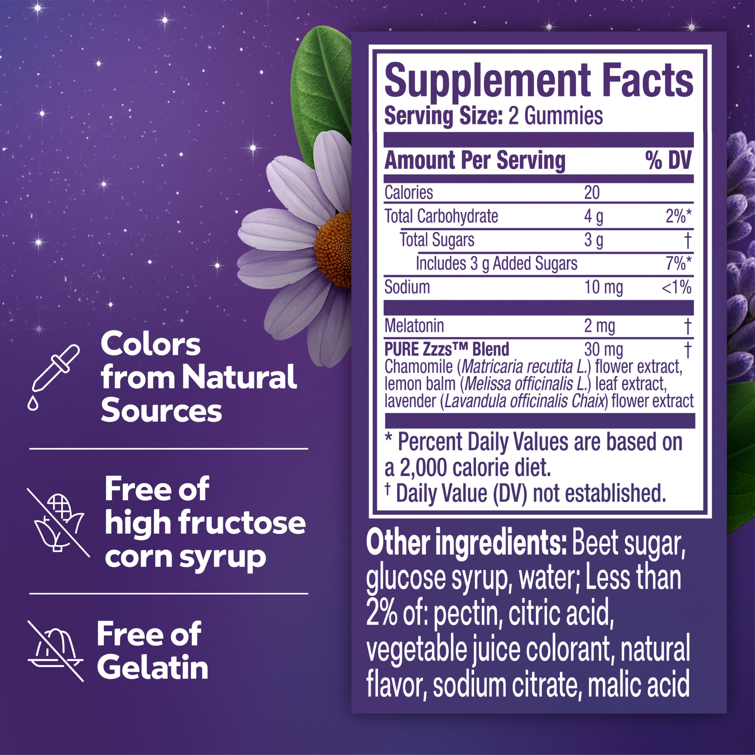 Gomitas ZzzQuil con manzanilla, lavanda y toronjil que resalta ingredientes botánicos