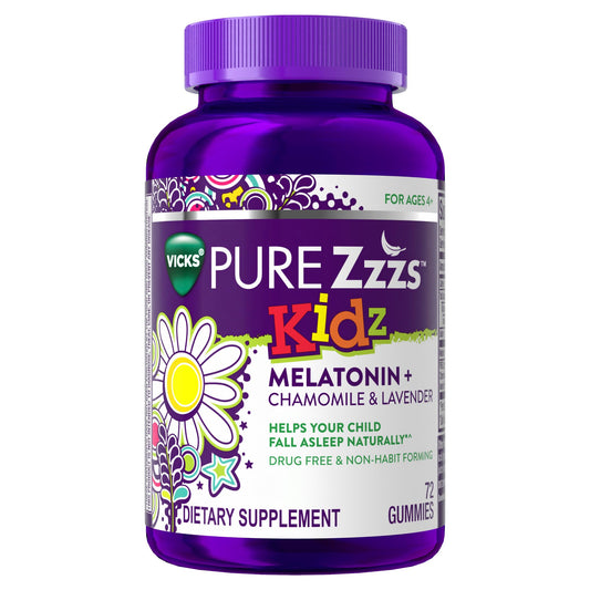 ZzzQuil PURE Zzzs Kidz frente del envase mostrando 72 unidades y beneficios