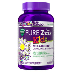 ZzzQuil PURE Zzzs Kidz frente del envase mostrando 72 unidades y beneficios