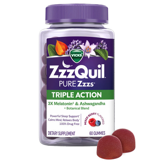 ZzzQuil tarro frontal mostrando 60 gominolas y conveniencia nocturna
