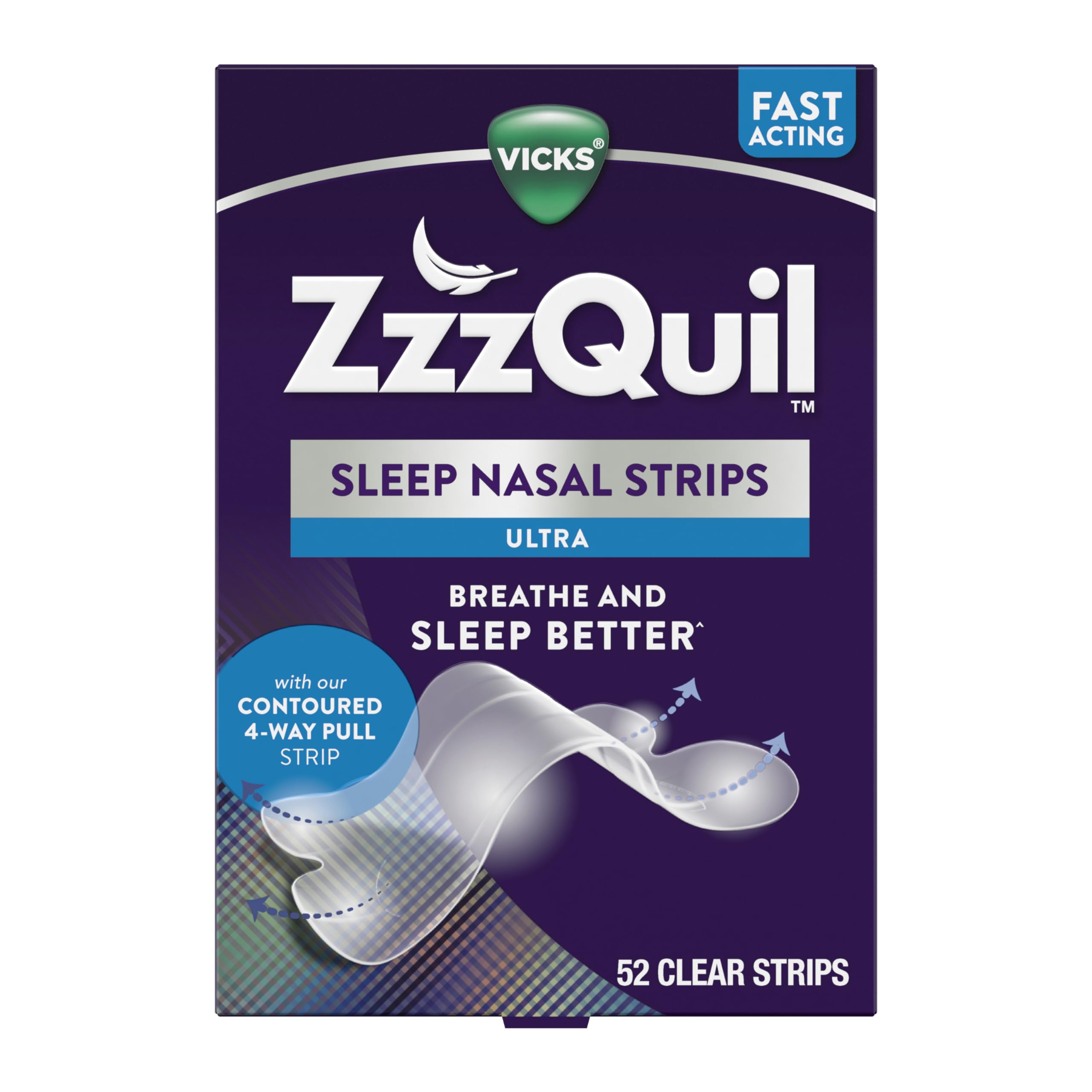 ZzzQuil tira nasal vista frontal mostrando diseño claro y beneficio respiratorio