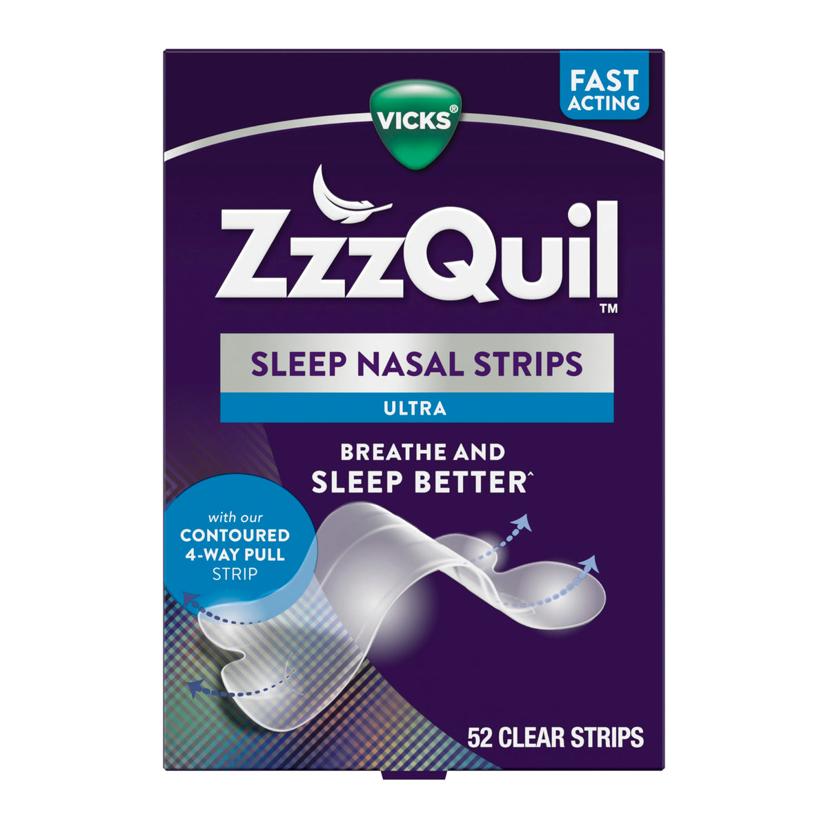 ZzzQuil tira nasal vista frontal mostrando diseño claro y beneficio respiratorio