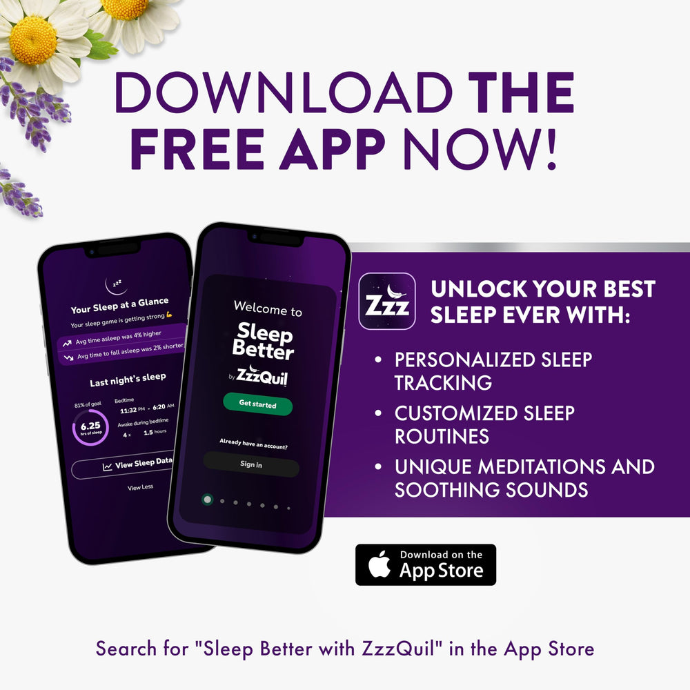 ZzzQuil cápsula sobre mesita junto a vaso ilustrando modo de uso nocturno